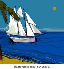 Vector illustration of front view of sea, Sailboat and beach with sand, palms, sun. Graphic postcard in flat lay style with spray. Boat on the water for summer holiday.