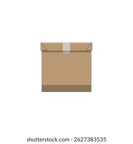 Vector illustration of a front view of a sealed cardboard box with tape, ideal for shipping, delivery services, packaging design, and logistics concepts.