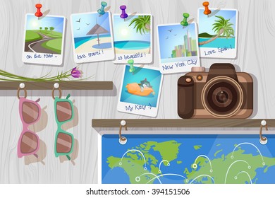 Vector Illustration of Front View Travel Objects on Wooden Wall