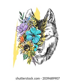 Ilustración vectorial de una vista frontal de una cabeza de lobo.Flores y cabeza de lobo. Siga el lema energético positivo Wolf Naturaleza ilustración diseño gráfico de camisetas - Vector.