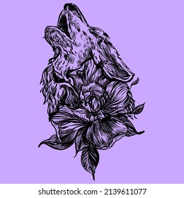 Vector illustration of a front view of a wolf head with a flower. illustration t-shirt print graphic design - Vector.