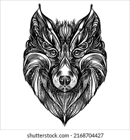 Vector illustration of a front view of a wolf head.  illustration t-shirt print graphic design - Vector.