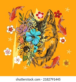 Vector Illustration Of A Front View Of A Wolf Head.Flowers And Wolf's Head. Follow Positive Energy Slogan Wolf Nature Illustration T-shirt Print Graphic Design - Vector.