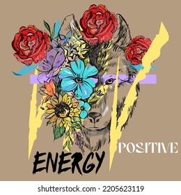 Vector Illustration Of A Front View Of A Wolf Head.Flowers And Wolf's Head. Follow Positive Energy Slogan Wolf Nature Illustration T-shirt Print Graphic Design - Vector.