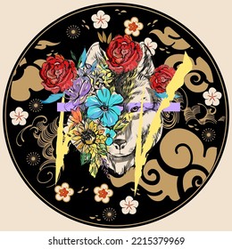 Vector illustration of a front view of a wolf head.Flowers and wolf's head. Follow positive energy slogan wolf nature illustration t-shirt print graphic design - Vector.