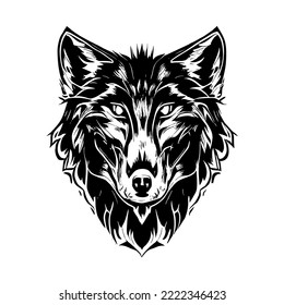 Vector illustration of a front view of a wolf head, geometric sketch of a tattoo. Abstract wolf head. Digital illustration.