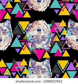 Vector illustration of a front view of a wolf head. Flowers and wolf's head.  illustration t-shirt print graphic design - Vector.