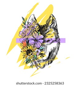 Vector illustration of a front view of a wolf head.Flowers and wolf's head. Follow positive energy slogan wolf nature illustration t-shirt print graphic design - Vector.