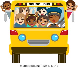 Vector illustration front view of yellow bus transportation with children. Bus driver driving back to school with happy kids