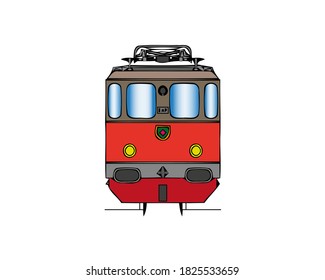 Ilustración vectorial del vagón delantero de un tren o metro eléctrico. Aislado sobre fondo blanco, vista frontal
