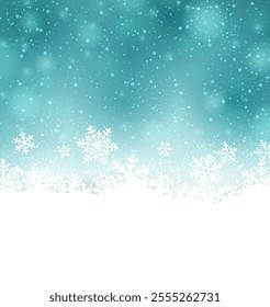 Vector illustration of a frosty winter background featuring white snowflakes and soft blue bokeh, creating a serene scene.