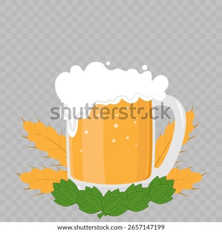 Vector illustration of a frothy beer mug with wheat and hop leaves on a transparent background. Ideal for Oktoberfest, brewery branding, craft beer ads, pub menu design, and drink-themed projects.