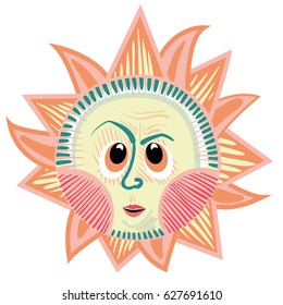 Vector illustration of frowning cartoon sun. Concepts and themes of weather, heat, global warming, geography, meteorology, environment