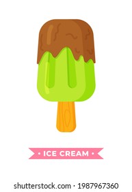 Vector illustration of frozen fruit ice with chocolate isolated on white background with inscription. Delicious cold mint ice cream with chocolate frosting. 