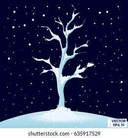 Vector illustration. Frozen tree in the snow. Beautiful ice tree on a dark blue background. Winter time of year