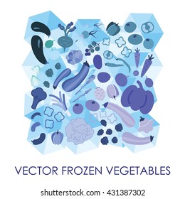 vector illustration / frozen vegetables / blue ice cubes background