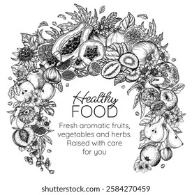 Vector illustration of fruit arch. Whole fruit, slices, halves, leaves and blossoms. Brochure for grocery store. Healthy eating. Raw food diet. Organic fruit growing