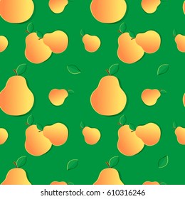 Vector illustration of fruit. Beautiful seamless pattern with small pears on a green background.Suitable for fabric, textile, wrapping paper, packaging and website design.