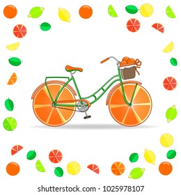 Vector illustration. Fruit bike on orange, lemon, grapefruit and leaf background.
