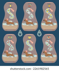 Vector illustration of a fruit (cherry, banana, orange, strawberry, raspberry, pineapple) scented pet shampoo. The dog stands in the bathroom in a shower cap and bathes in soapy foam.