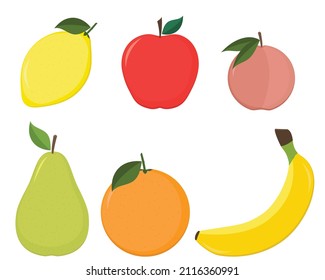 Vector Illustration Fruit Collection, Apple, Pear, Lemon, Banana, Peach, Orange