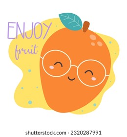 vector illustration with fruit concept, summer card with cute cartoon mango character and lettering