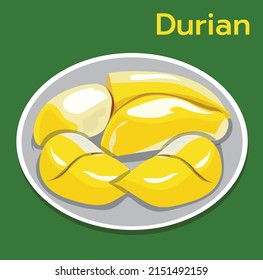 ilustración vectorial Fruta (durión) con texto colocado en una placa sobre un fondo verde.