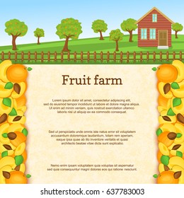 Vector illustration of a fruit farm. Juicy apricots fruit border. House, fence, fruit, trees, background with paper texture for menu design, juice packaging, breakfast, diet, detox