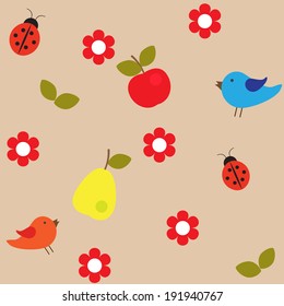 Vector illustration of fruit, flowers and birds. Seamless pattern 