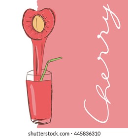 Vector illustration of fruit. Flowing juice in a glass. Cherry