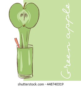 Vector illustration of fruit. Flowing juice in a glass. Green apple