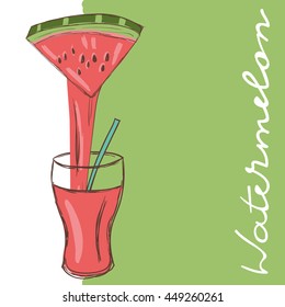 Vector illustration of fruit. Flowing juice in a glass. Watermelon