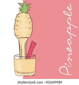 Vector illustration of fruit. Flowing juice in a glass. Pineapple