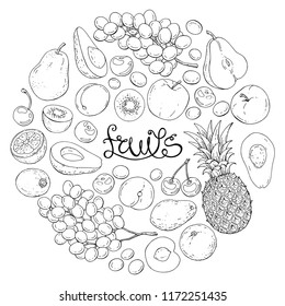 Vector illustration with fruit. In the form of a circle. With the inscription.Vector illustration with fruit. In the form of a circle. With the inscription. Picture for coloring
