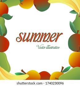 Vector illustration of a fruit frame. Vector map design with Apple, pear and banana and green leaves. Hello summer