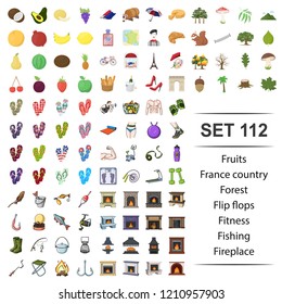 Vector illustration of fruit, france, country, forest, flip flops fitness fishing fireplace icon set.