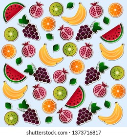 Vector illustration of fruit. Fruits vector illustration set. Vector object grape, grapes, orange, kiwi, pomegranate, watermelon, banana, bananas. Design elements. Fruit icons. Vector EPS 10
