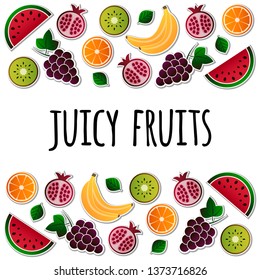 Vector illustration of fruit. Fruits vector illustration set. Vector object grape, grapes, orange, kiwi, pomegranate, watermelon, banana, bananas. Design elements. Fruit icons. Vector EPS 10