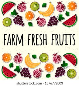 Vector illustration of fruit. Fruits vector illustration set. Vector object grape, grapes, orange, kiwi, pomegranate, watermelon, banana, bananas. Design elements. Fruit icons. Vector EPS 10