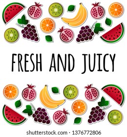 Vector illustration of fruit. Fruits vector illustration set. Vector object grape, grapes, orange, kiwi, pomegranate, watermelon, banana, bananas. Design elements. Fruit icons. Vector EPS 10