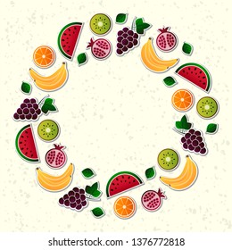 Vector illustration of fruit. Fruits vector illustration set. Vector object grape, grapes, orange, kiwi, pomegranate, watermelon, banana, bananas. Design elements. Fruit icons. Vector EPS 10