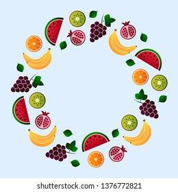 Vector illustration of fruit. Fruits vector illustration set. Vector object grape, grapes, orange, kiwi, pomegranate, watermelon, banana, bananas. Design elements. Fruit icons. Vector EPS 10