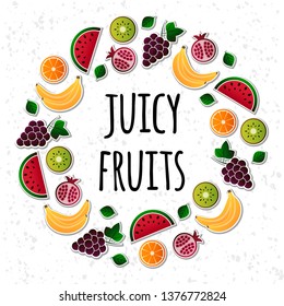 Vector illustration of fruit. Fruits vector illustration set. Vector object grape, grapes, orange, kiwi, pomegranate, watermelon, banana, bananas. Design elements. Fruit icons. Vector EPS 10