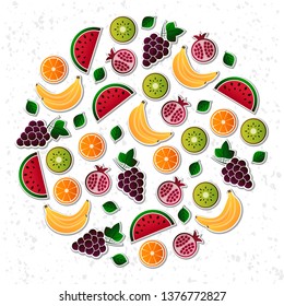 Vector illustration of fruit. Fruits vector illustration set. Vector object grape, grapes, orange, kiwi, pomegranate, watermelon, banana, bananas. Design elements. Fruit icons. Vector EPS 10