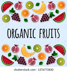 Vector illustration of fruit. Fruits vector illustration set. Vector object grape, grapes, orange, kiwi, pomegranate, watermelon, banana, bananas. Design elements. Fruit icons. Vector EPS 10