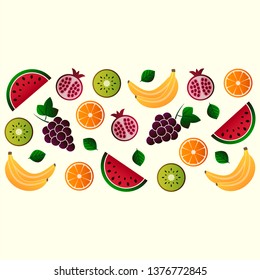 Vector illustration of fruit. Fruits vector illustration set. Vector object grape, grapes, orange, kiwi, pomegranate, watermelon, banana, bananas. Design elements. Fruit icons. Vector EPS 10