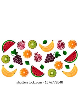 Vector illustration of fruit. Fruits vector illustration set. Vector object grape, grapes, orange, kiwi, pomegranate, watermelon, banana, bananas. Design elements. Fruit icons. Vector EPS 10