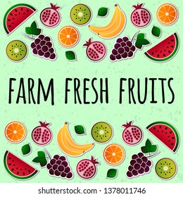 Vector illustration of fruit. Fruits vector illustration set. Vector object grape, grapes, orange, kiwi, pomegranate, watermelon, banana, bananas. Design elements. Fruit icons. Vector EPS 10