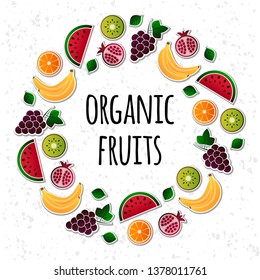 Vector illustration of fruit. Fruits vector illustration set. Vector object grape, grapes, orange, kiwi, pomegranate, watermelon, banana, bananas. Design elements. Fruit icons. Vector EPS 10