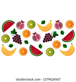 Vector illustration of fruit. Fruits vector illustration set. Vector object grape, grapes, orange, kiwi, pomegranate, watermelon, banana, bananas. Design elements. Fruit icons. Vector EPS 10
